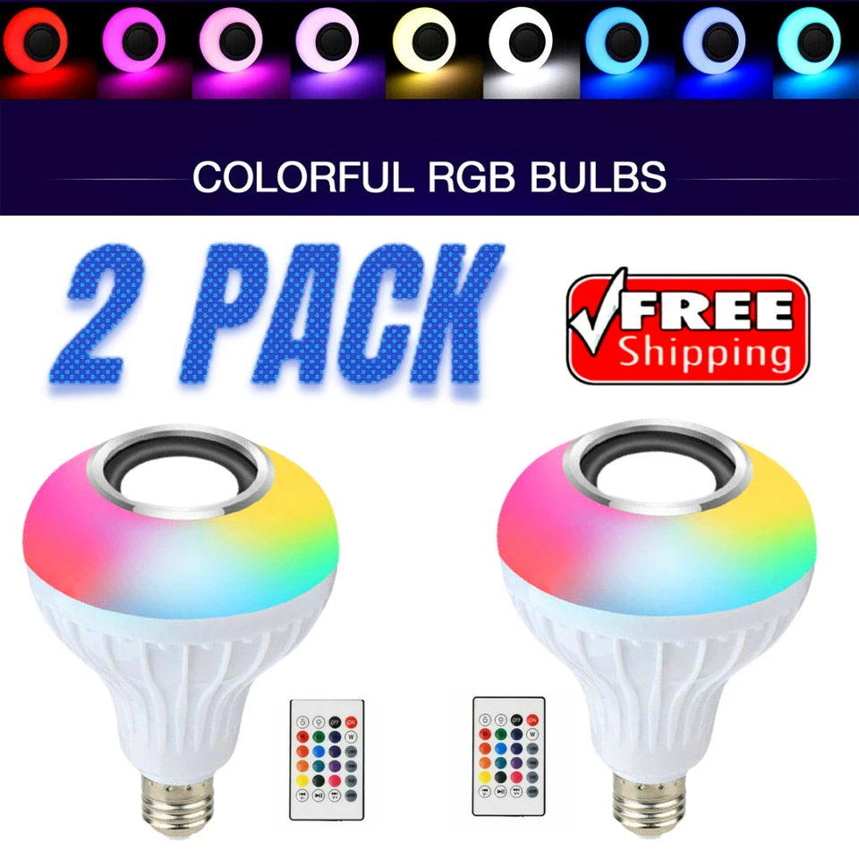 2PACK- Wireless Bluetooth Speaker E27 Bulb LED Light Music RGB Color Remote Lamp - Image 1 of 4