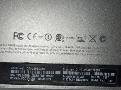 26" Apple iMac All-In-One Intel C2D A1225 4 GB Ram NO HDD PARTS/REPAIR ONLY - Image 1 of 4