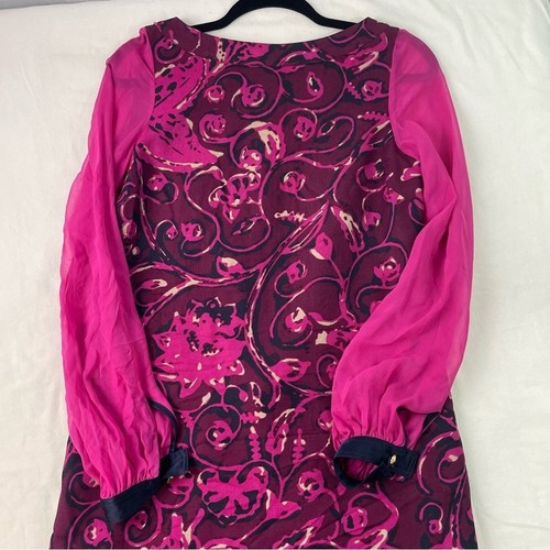 Mini abito da donna Tory Burch viola nero floreale collo puff manica lunga taglia 2