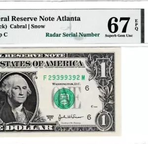 2003 A $1 Federal Reserve note RADAR Serial Numbers 2939-9392 Atlanta PMG 67 - Picture 1 of 3