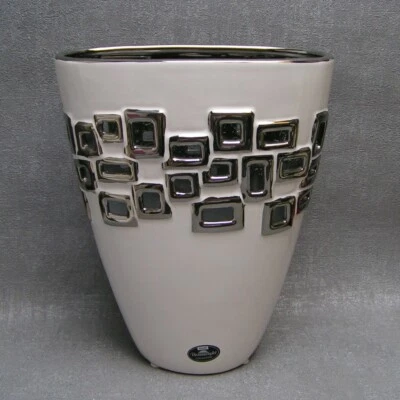 Gilde Vase Quadrate Keramik weiß silber 23 cm hoch edel modern Geschenk ANGEBOT - Bild 1 von 2