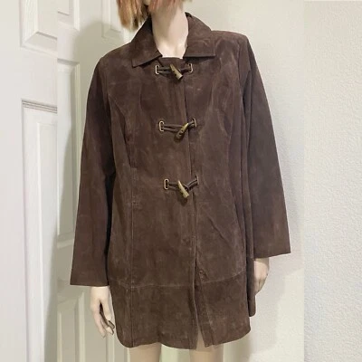 Abrigo BRADLEY BAYOU Marrón Gamuza Cuero En Forma de Cuerno Botón Largo Medio Talla L? Foto 1 de 4