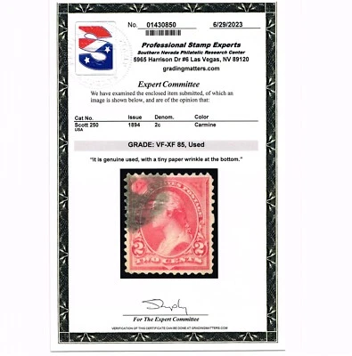 EXCEPTIONAL SCOTT #250 POSTALLY USED TYPE-I PSE CERT GRADED VF-XF 85 #20319 - Image 1 of 3