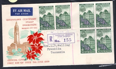 1959 Queensland 5d QUSCEX Centenary Exhibition Special Registered Mail Cover - Image 1 of 3