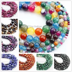 Wholesale 4/6/8/10/12/ 14mm Round Multicolor Striped Agate Gemstone Loose Beads - Picture 1 of 81