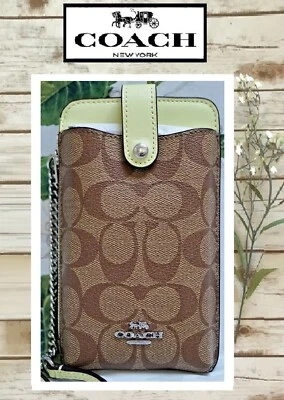 全新带标签 COACH NORTH SOUTH 链式手机斜挎包 KHAKI PALE LIME 皮革 Sig CC — 第 1/4 张图片