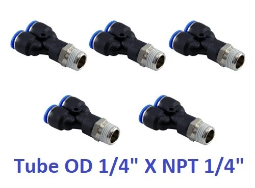 Pneumatic Y Connector Tube OD 1/4" X NPT 1/4" One Touch 3 Way Fitting 5 Pieces - Image 1 of 1