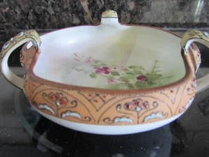 Antique Nippon Moriage Hand Painted 3 Handle Nut Candy Bowl Floral Garden Emboss - Picture 1 of 9