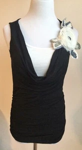 Arden B. Damen Tanktop schwarz elfenbein gerafft Stretch Lagenlook Blume Gr. XS - Bild 1 von 7