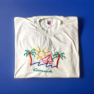 Vintage 1990s Paco's Cancun T-Shirt | Neon Embroidered Palm Tree Graphic Tee M - Image 1 of 4