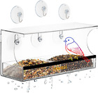 Window Bird Feeder Clear Acrylic Removable Tray Drain Holes 3 Strong Suction Cup