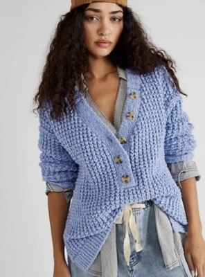 Free People Ladies Whistle Thermal  Henley Sweater Blue Size M - Image 1 of 4