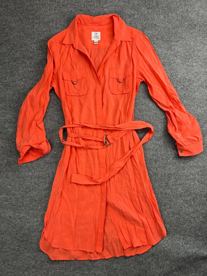 Suzi Chin For Maggie Boutique Dress Women's 10 Orange Shirt Long Sleeve Belted - Image 1 of 4