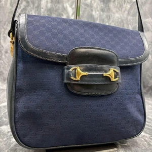 Borsa a tracolla Gucci GG Navy Horsebit oro ferramenta pelle tela logo dal Giappone - Foto 1 di 24