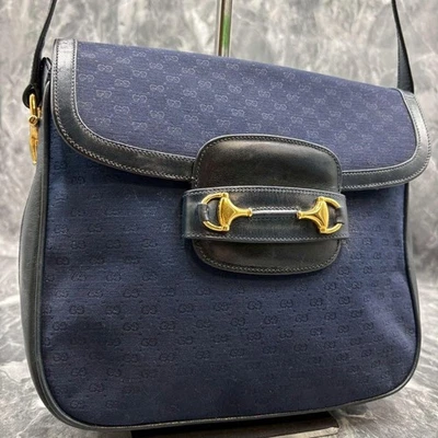 GUCCI GG Shoulder Bag Navy Horsebit Gold Hardware Leather Canvas Logo from Japan - Image 1 of 4