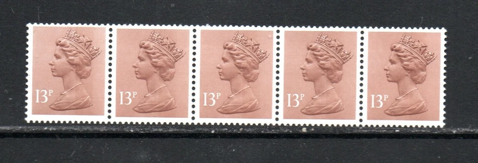 13p Machin Centre Band SG X900 MNH Strip Of 5 With Appr 5 MM band shift to right - Image 1 of 1