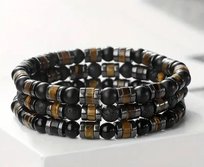 Edelstein Armband Tigerauge Lavastein Achat Schwarz Matt Glänzend Perlenarmband - Bild 1 von 4