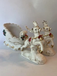Maceta trineo navideño NAPCO de colección años 50 con 2 renos adornos de espagueti dorado - Imagen 1 de 16