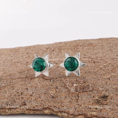 925 Plata Ley Redondo Laboratorio Verde Emerald Piedra Nuevo Colgante Pendientes - Imagen 1 de 4