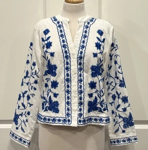 LIV Los Angeles besticktes Top mit Knöpfen Gr. M blau weiß Blumen Boho 100% Baumwolle - Bild 1 von 9