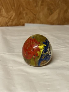 Pretty 2” Clear Handblown Paperweight w/Blue, Yellow & Red Floral 8h - Picture 1 of 5