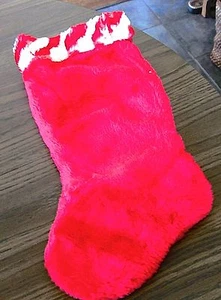 Christmas Large Stocking Furry Fuzzy Red with Red & White Striped Top 17"  - Picture 1 of 3