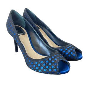 CHRISTIAN DIOR Black Suede w/ Blue Satin Contrast Cannage Peep Toe Pumps, 38.5 - Picture 1 of 12