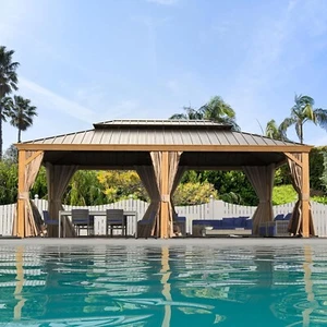 Domi 14'x24' Hardtop Gazebo Outdoor Aluminum Double Canopy Gazebo w/Curtains&Net - Picture 1 of 8