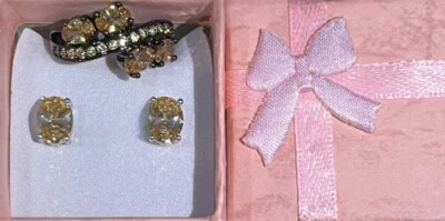 Dazzling Unique Champagne Morganite BGF Ring Sz 7 & Oval Morganite Earrings Set - Image 1 of 4