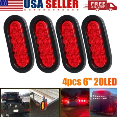 4 pcs Red 6" Oval Trailer Lights 10 LED Stop Turn Tail Truck Sealed Grommet Plug - Image 1 of 4