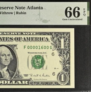 1995 $1 Federal Reserve Note PMG 66EPQ - Birthday Low Serial Number 00001600 - Picture 1 of 3