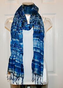 Eileen Fisher Silk Cotton Puckered Stripe Scarf, Marine Blue, NWT