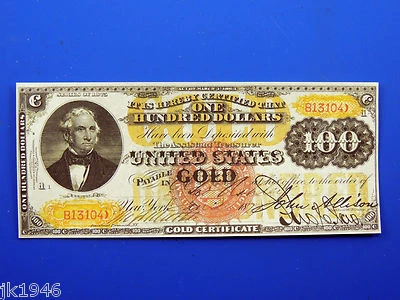 Reproducción $100 oro 1875 certificado. Billete unicara copia moneda de Estados Unidos Foto 1 de 3