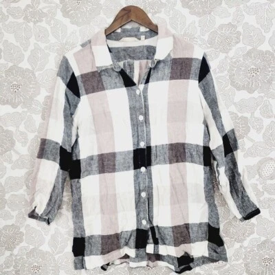 Мягкое окружение льняной смеси на пуговицах длинным рукавом женская рубашка клетку XL 9324 - Изображение 1 из 4