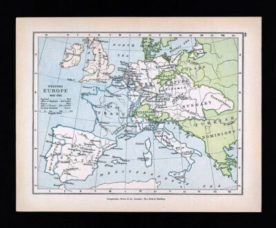 Mapa antiguo 1905 - Europa en 1702 Inglaterra Francia y aliados Alemania Italia España Foto 1 de 2
