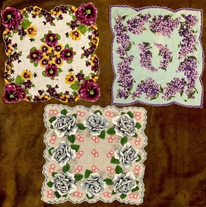 3 VTG Hanky Hankerchiefs Floral 2 W/Purple Lilac & Pansies 1 W/Blue Roses 13x13” - Picture 1 of 16