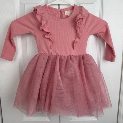Vestido tutú Between Baby Toddler rosa con volantes corpiño acanalado tul brillante 18M Foto 1 de 4