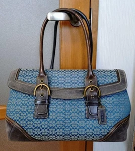 COACH Handbags Shoulder Bag Navy Blue Leather Canvas Women's Used From Japan - Picture 1 of 12