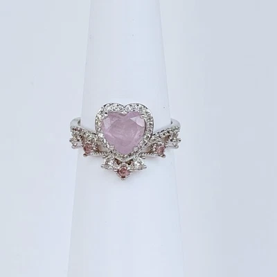 Bomb Party "Hearts On Fire" Ring Sz 8 Purple Kunzite + Quartz On Rhodium Heart - Image 1 of 4