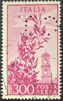 Italy - 1955 Scott #A127 Airplane over tower Olive Branch - "CI" PERFIN - Stamp - Image 1 of 3