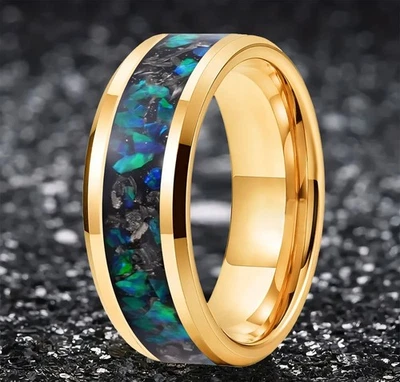 Anillo de carburo de tungsteno de 6/8 mm para hombres y mujeres banda de anillo con incrustación de meteorito y ópalo Foto 1 de 4