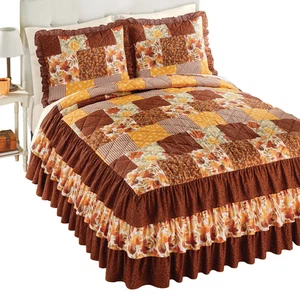 Autumn Patchwork Triple Ruffle Quilt-Top Bedspread - Picture 1 of 2