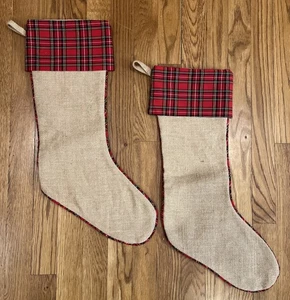 New 2 Ballard Designs Burlap & Red Plaid Stockings Christmas Suzanne Kasler NWOT - Picture 1 of 7