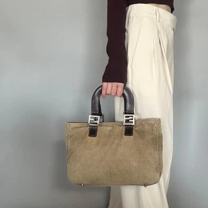 FENDI Handbag Tote Bag FF Purse Corduroy Beige Brown Silver Women's Used Auth - Picture 1 of 24