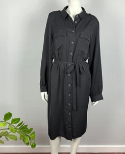 F&F Plus Size 22 Shirt Dress Black Midi Collar Button Up Long Sleeve Belted NEW - Picture 1 of 13