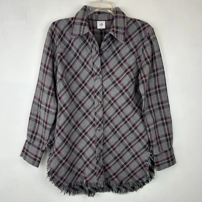 Camisa Cabi Highland Franela Mujer XS Dobladillo Crudo Gris Púrpura Cuadros Informal Otoño Foto 1 de 4