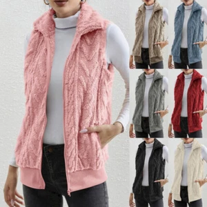 Womens Pocket Gilet Full Zip Up Jacket Coats Fleece Fur Waistcoat Vest Plus Size - Picture 1 of 17