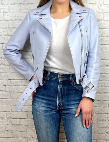 Giacca in pelle finta nuova senza etichette Acne Studios blu chiaro lavanda taglia 34