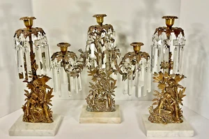 Ca 1850s Cast Brass & Marble Paul & Virginia Girandole Set with Cut Glass Prisms - Picture 1 of 17