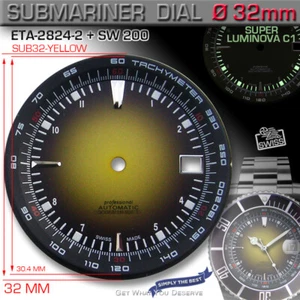 DIAL YELLOW SUBMARINE, APPLIED TACHYMETER RING, ETA 2824-2, SW 200, Ø 32 mm - Picture 1 of 3